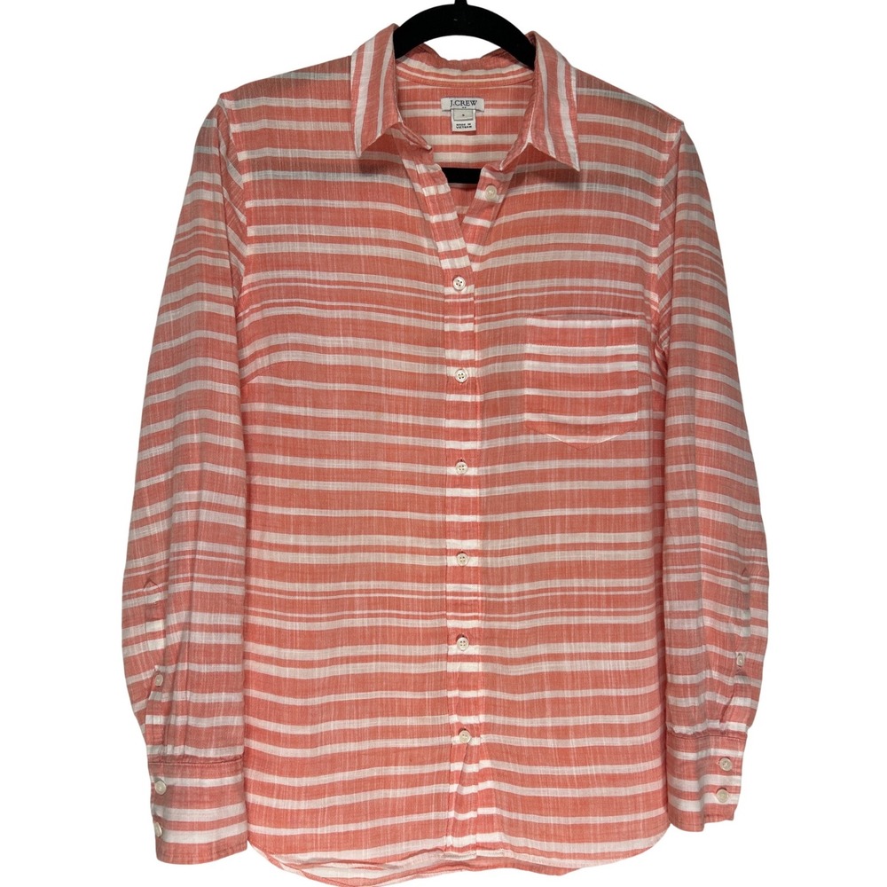J.Crew Perfect Shirt Coral White Striped Cotton Button Down Long Sleeve Small